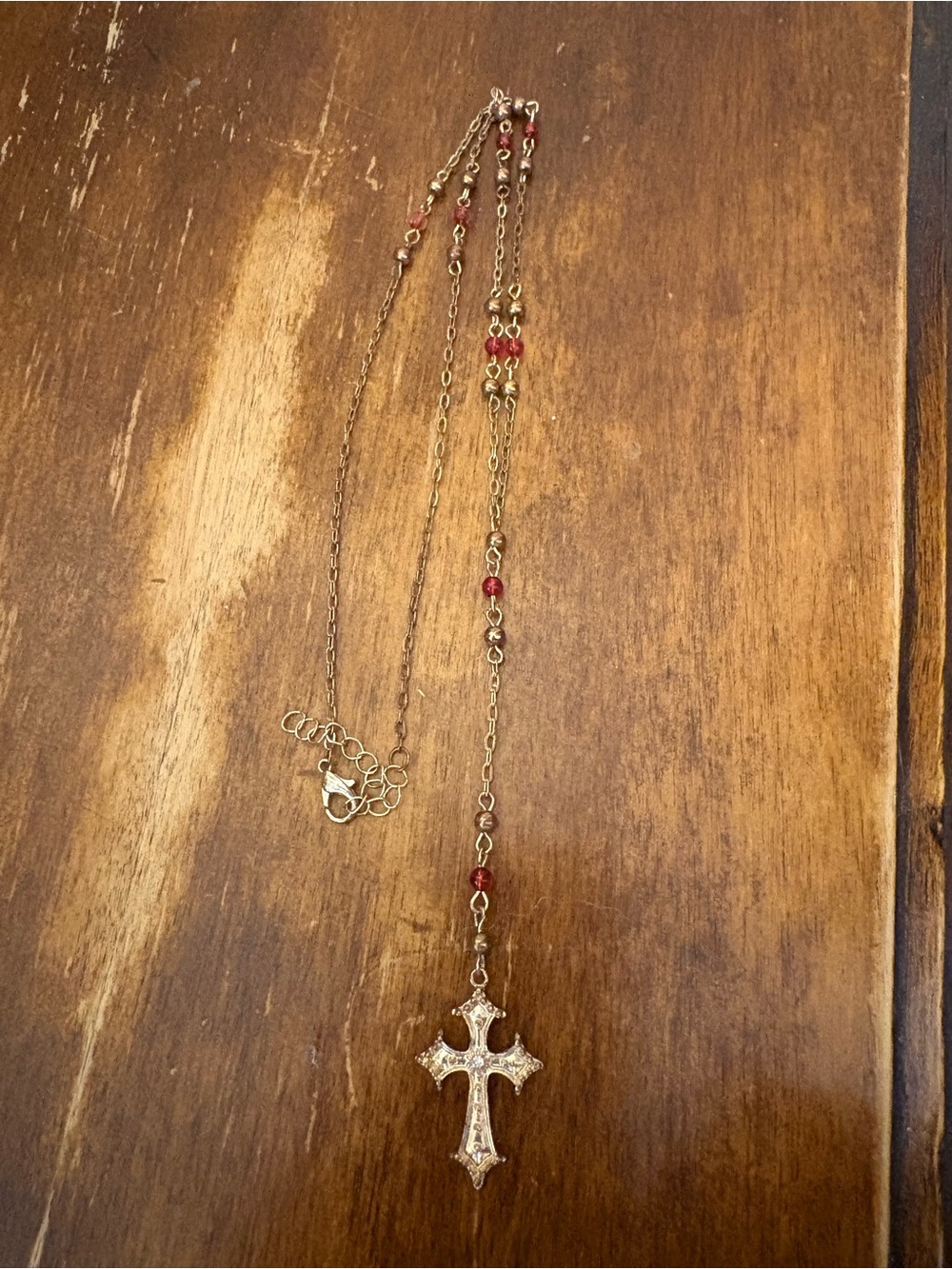 Gold-Tone Cross Pendant Necklace with Red Bead Accents
